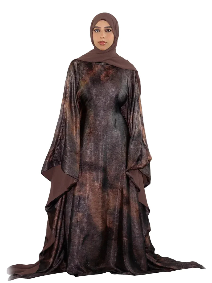 Abaya longue femme avec ceinture – robe modeste effet tie-dye