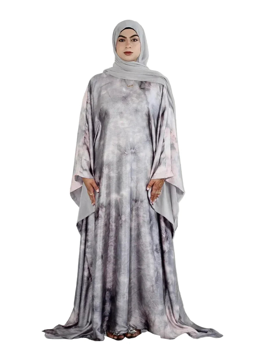 Abaya longue femme avec ceinture – robe modeste effet tie-dye