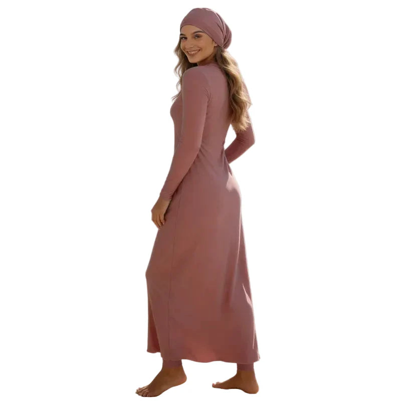 Burkini femme 3 pièces avec hijab – maillot de bain couvrant manches longues rose doux
