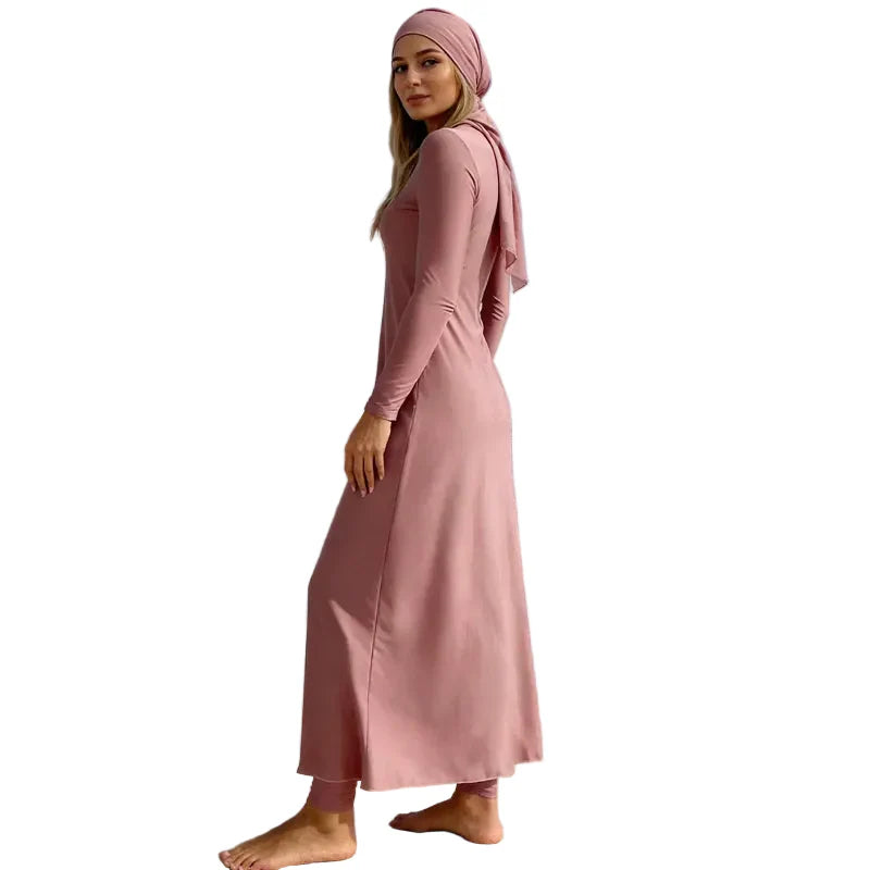 Burkini femme 3 pièces avec hijab – maillot de bain couvrant manches longues rose doux