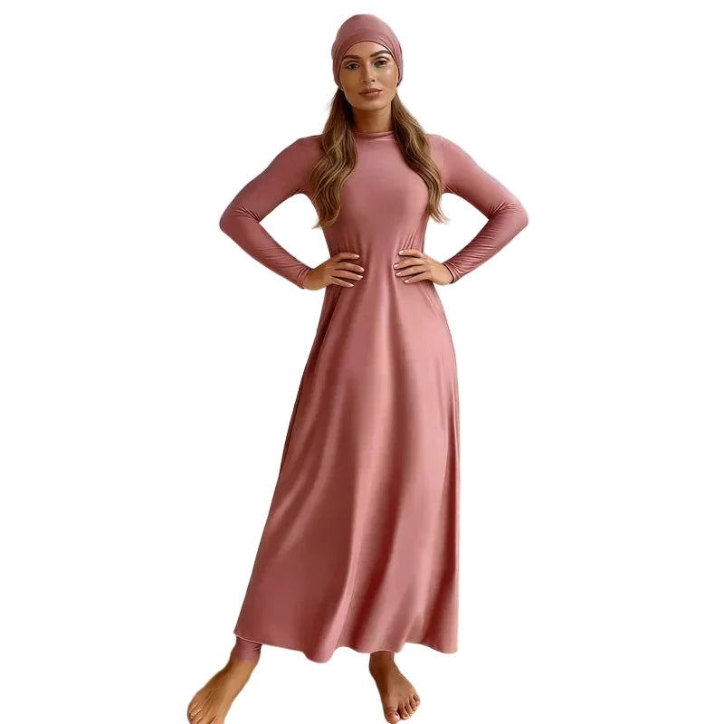 Burkini femme 3 pièces avec hijab – maillot de bain couvrant manches longues rose doux